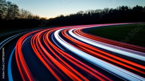 A dim road stretches beneath a starry sky, where streaks of light and shadow dance, tracing endless lines through the dark
