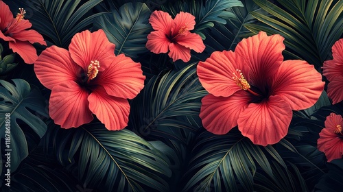 Wallpaper Mural Vibrant hibiscus flowers among lush green leaves. Torontodigital.ca
