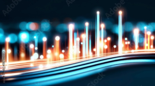 Bright blue lights dance through fiber lines, weaving vivid patterns of color. Technology's heartbeat, connecting the digital age with mesmerizing, luminous energy