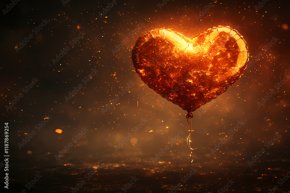 A glowing heart-shaped balloon floating in a dark digital sky, symbolizing love and romance A glowing heart-shaped balloon floating in a dark digital sky, symbolizing love and romance