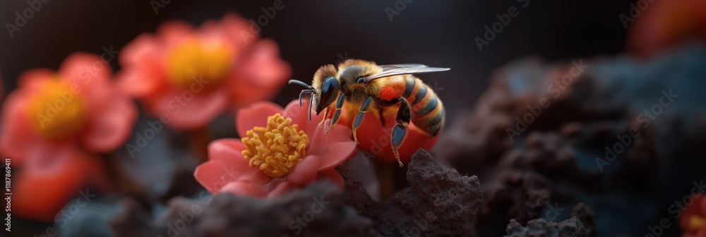 A stunning close-up captures a busy bee pollinating bright flowers, symbolizing the essential role of nature's creatures in maintaining ecological balance and vitality. A stunning close-up captures a busy bee pollinating bright flowers, symbolizing the essential role of nature's creatures in maintaining ecological balance and vitality.
