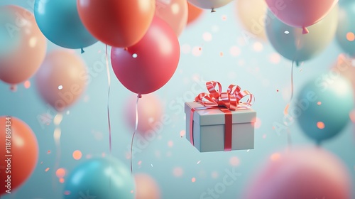 Colorful happy birthday poster with balloons and gift box on festive background photo