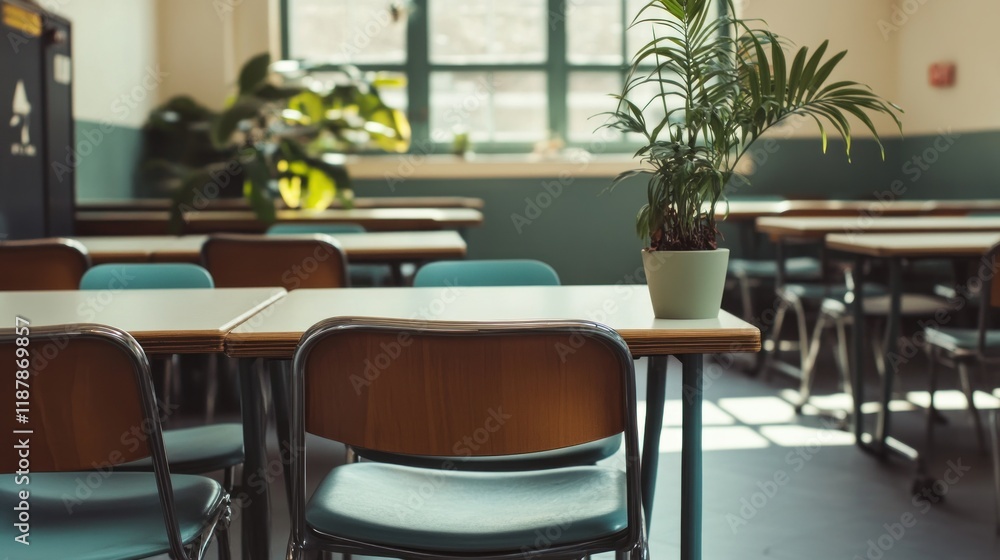 Empty classroom with desks, chairs, and plants near window. Empty classroom with desks, chairs, and plants near window.