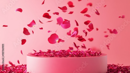 Pink product podium placement on solid background with rose petals falling Luxury premium beauty fashion cosmetic and spa gift stand presentation Valentine day present showcase photo