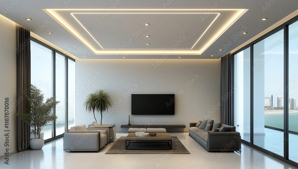 Fototapeta premium Minimalist living room visualization with ceiling lights and modern design.