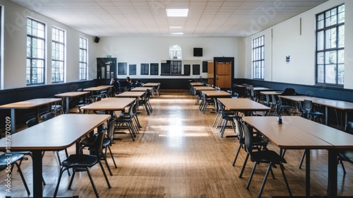 Empty cafeteria with rows of tables and chairs  sunlight streaming through windows.
