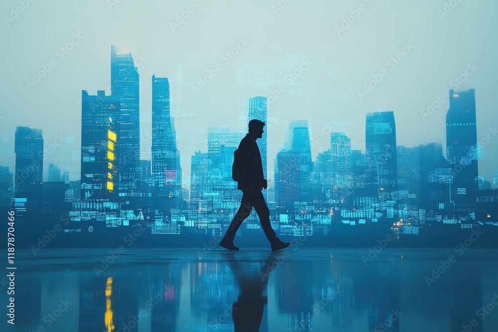 Silhouette of a Person Walking Through a Futuristic Cityscape with Vibrant Light Reflections and Digital Elements, Capturing Modern Urban Life and Technology Integration Silhouette of a Person Walking Through a Futuristic Cityscape with Vibrant Light Reflections and Digital Elements, Capturing Modern Urban Life and Technology Integration
