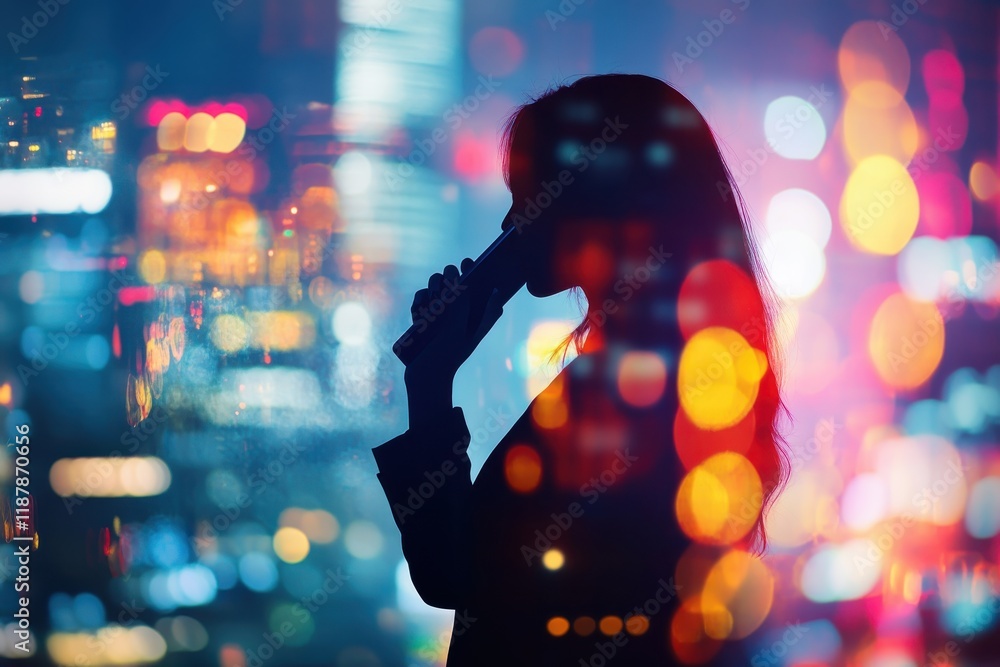 Silhouette of a Woman Holding a Phone Against a Colorful Cityscape Background with Blurred Lights Creating a Dreamy and Mysterious Atmosphere Silhouette of a Woman Holding a Phone Against a Colorful Cityscape Background with Blurred Lights Creating a Dreamy and Mysterious Atmosphere