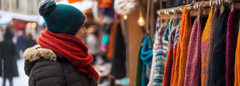 Obraz premium A vendor selling handmade scarves and knitwear at a cozy winter market