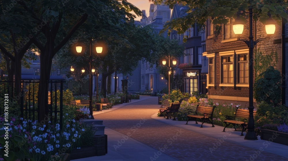 Charming evening street scene with lamp posts and benches in urban neighborhood Charming evening street scene with lamp posts and benches in urban neighborhood