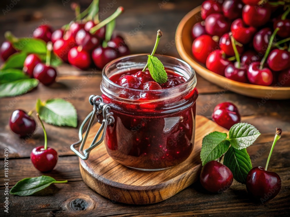 Low-Style Cherry Jam Jar Still Life Photography - High Depth of Field Food Photo Low-Style Cherry Jam Jar Still Life Photography - High Depth of Field Food Photo