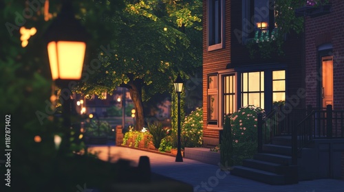 Charming evening street scene with warm streetlights and cozy brick houses photo