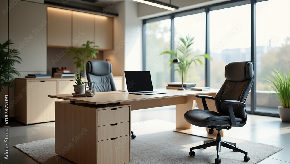 Modern Office Workspace With Desk Chairs And Plants Modern Office Workspace With Desk Chairs And Plants