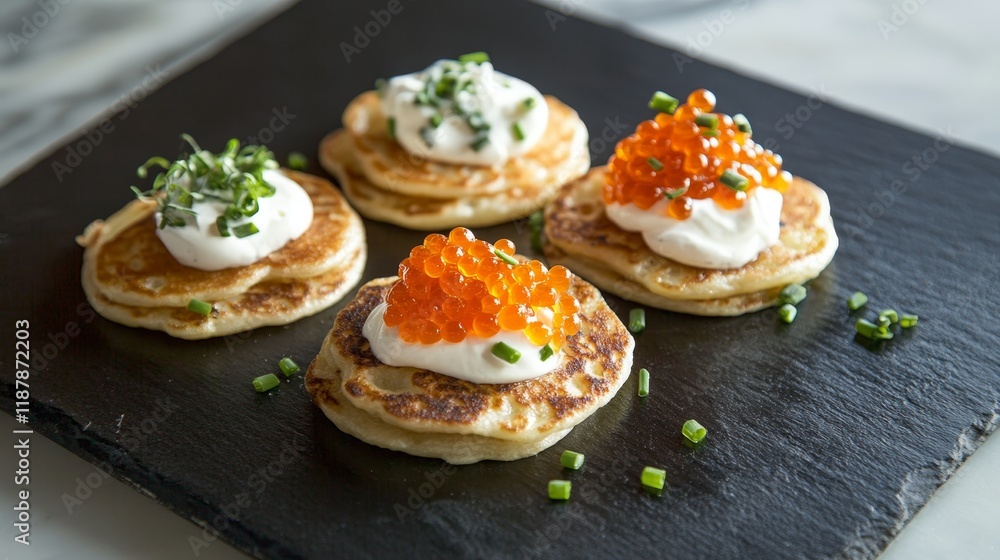 Gourmet blini with caviar, sour cream, and chives on slate plate Gourmet blini with caviar, sour cream, and chives on slate plate