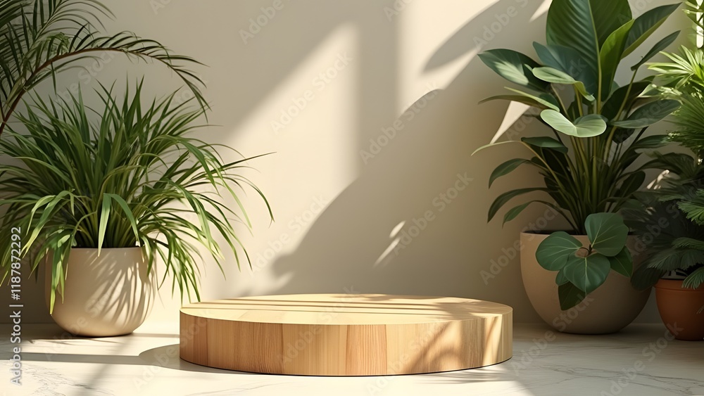 3d render of the minimal scene with wooden podium and green plants. Generated by AI 3d render of the minimal scene with wooden podium and green plants. Generated by AI