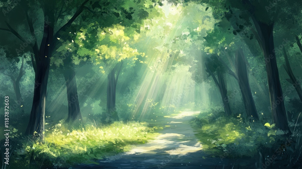 Obraz premium Sunbeams illuminate a path through a lush green forest.