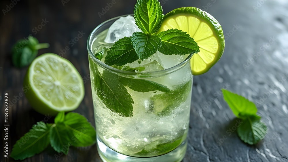 Mojito cocktail with lime, mint, and ice on a dark background. Generated by AI Mojito cocktail with lime, mint, and ice on a dark background. Generated by AI