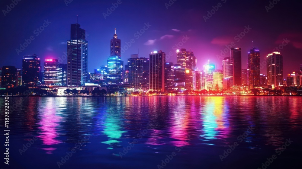 Naklejka premium Vibrant cityscape at night reflected in water. (1)