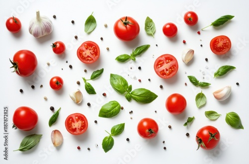 Fresh Red Tomatoes with Garlic, Basil, and Spices Arrange on White Background for Culinary, Gardening, and Healthy Eating Themes