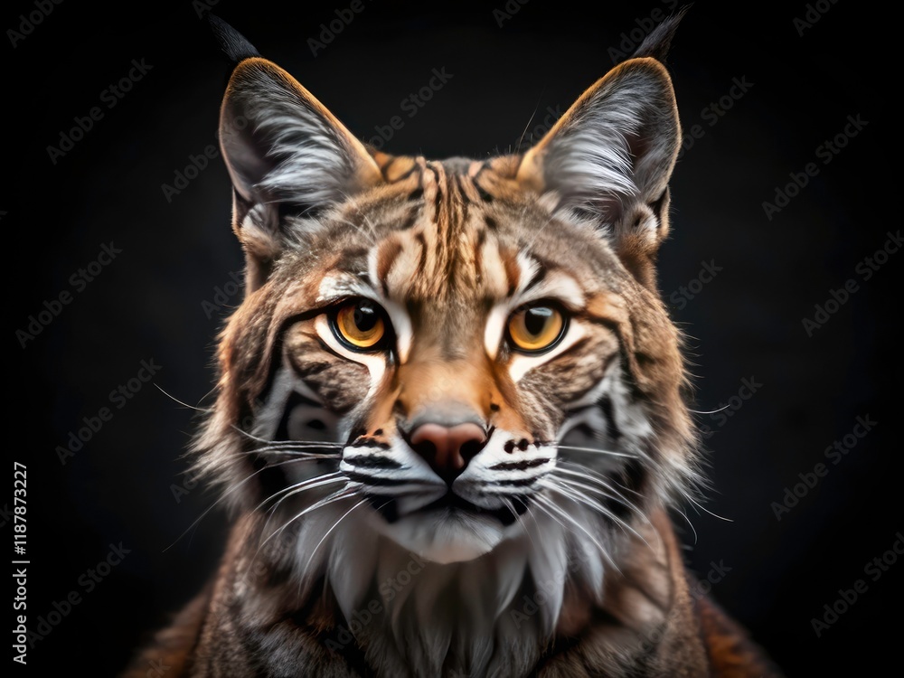Obraz premium Majestic Bobcat Portrait, Dark Background, Wildlife Photography, Big Cat, Feline, Animal Portrait, High Depth of Field