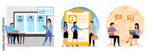 PrintProfessional Business Recruitment Process. Collaborative Business Meeting. Two coworkers Collaborating Over Data. Set flat vector modern illustration photo