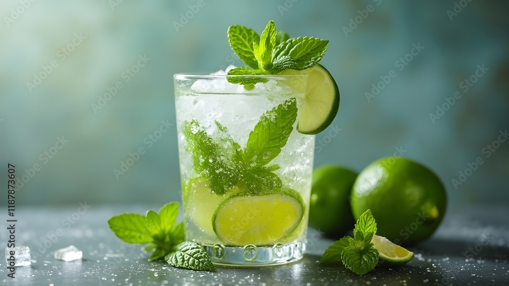 Mojito cocktail with lime, mint, and ice on a dark background. Generated by AI Mojito cocktail with lime, mint, and ice on a dark background. Generated by AI
