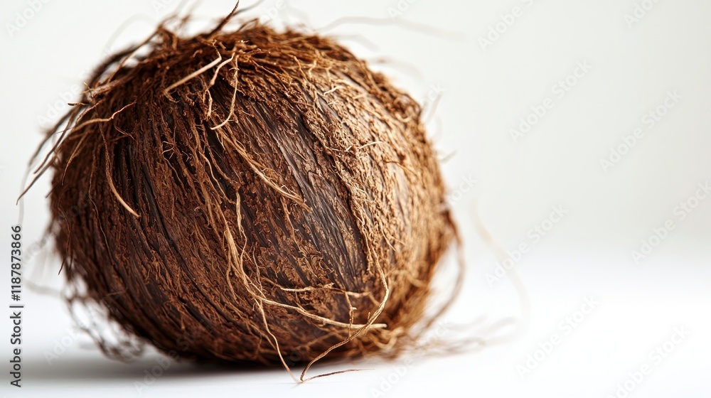 A Close-Up of a Single Coconut, Showing Its Rough Brown Husk and Fibrous Texture Against a Simple White Background A Close-Up of a Single Coconut, Showing Its Rough Brown Husk and Fibrous Texture Against a Simple White Background