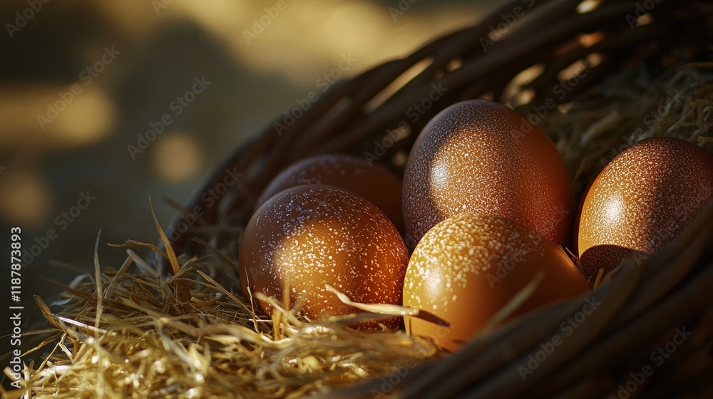 Speckled Eggs in a Rustic Basket: A Still Life of Nature's Beauty Speckled Eggs in a Rustic Basket: A Still Life of Nature's Beauty