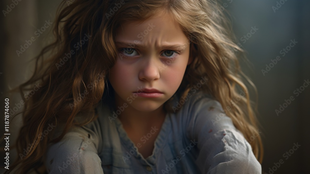 Close-up portrait of a 7-year-old girl clutching her stomach in pain, with soft shadows and a concerned look on her face. Close-up portrait of a 7-year-old girl clutching her stomach in pain, with soft shadows and a concerned look on her face.