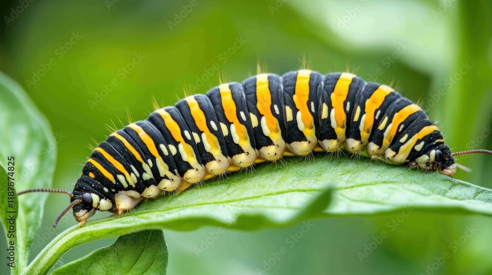 A close-up of a vibrant caterpillar resting on a green leaf. A close-up of a vibrant caterpillar resting on a green leaf.