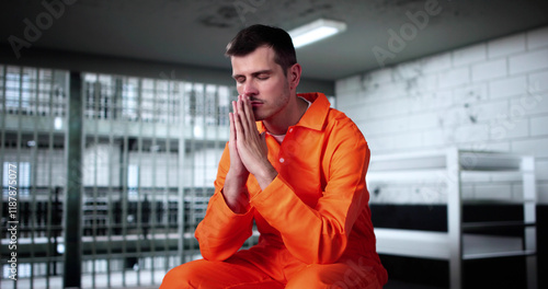 Man Praying To God In Prison Of Jail For Mercy