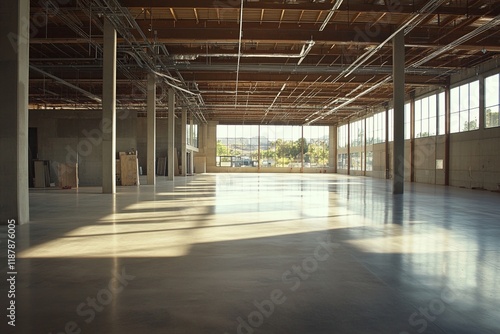 Exploring Vast Empty Industrial Building Spaces with High Ceilings and Sunlight Streaming Through Large Windows