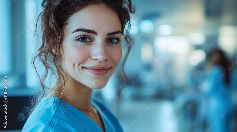 Smiling healthcare professional in blue scrubs at a modern medical facility Smiling healthcare professional in blue scrubs at a modern medical facility