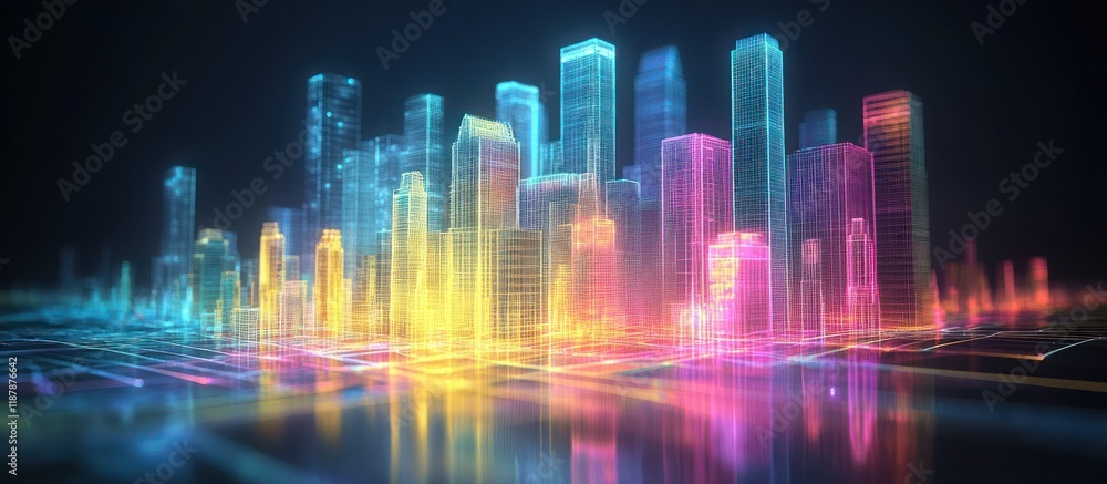 Fototapeta premium Neon cityscape at night, digital city, glowing buildings.