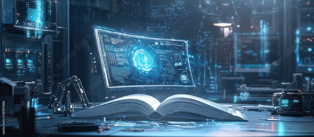 Futuristic open book with holographic screen displaying data. Futuristic open book with holographic screen displaying data.