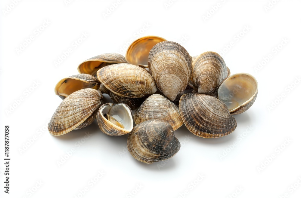 Freshly Harvested Clams on White Background with Textured Shells, Showcasing Natural Planet, Ocean Life, and Culinary Delights for Gourmet Cuisine and Seafood Dishes Freshly Harvested Clams on White Background with Textured Shells, Showcasing Natural Planet, Ocean Life, and Culinary Delights for Gourmet Cuisine and Seafood Dishes