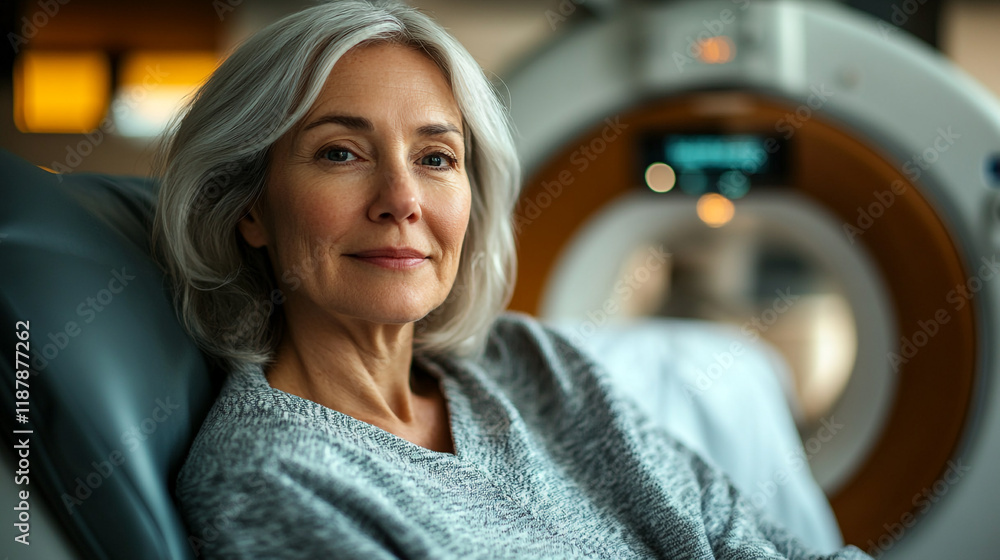 Woman relaxing before a medical scan in a healthcare facility Woman relaxing before a medical scan in a healthcare facility