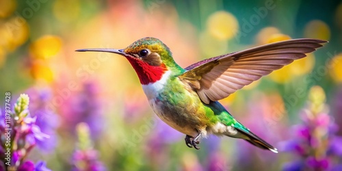 Miniature Broadtailed Hummingbird in Flight, Whimsical Tilt-Shift Photography photo