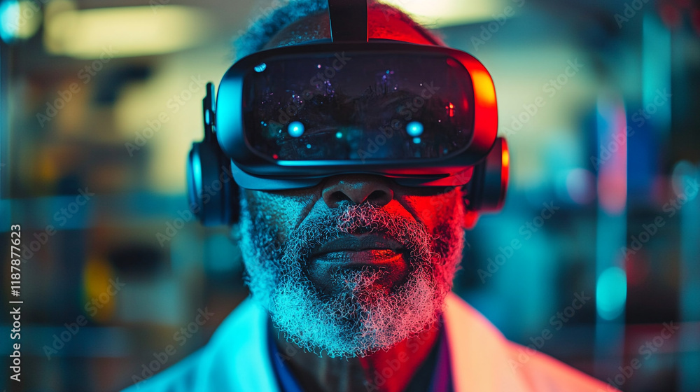 Scientist using virtual reality headset in a modern laboratory setting during research Scientist using virtual reality headset in a modern laboratory setting during research