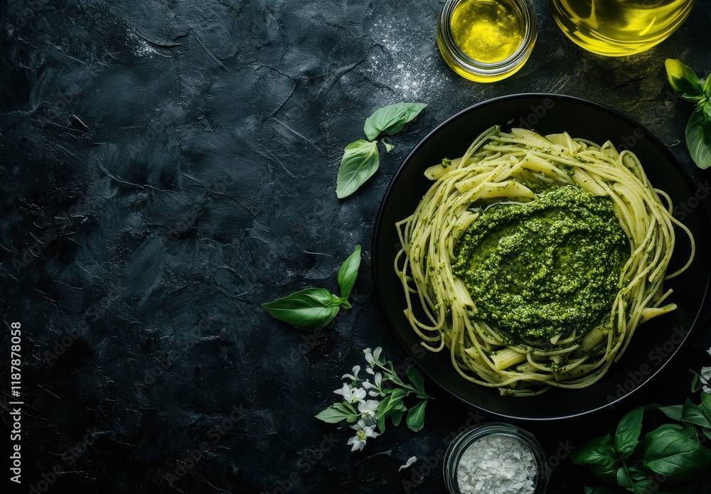 Obraz premium Freshly Prepared Pasta Dish with Pesto Sauce Surrounded by Olive Oil, Basil Leaves, and Garnishes on a Dark Textured Background for Culinary Delight