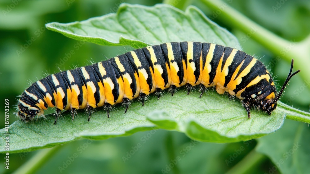 A vibrant caterpillar with black and yellow stripes resting on a green leaf. A vibrant caterpillar with black and yellow stripes resting on a green leaf.