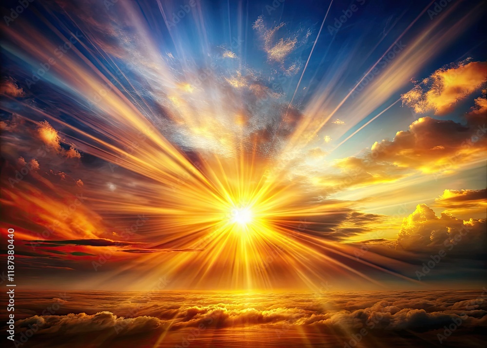 Abstract sunset landscape: golden hour sunburst, orange and gold hues, autumnal sun rays. Abstract sunset landscape: golden hour sunburst, orange and gold hues, autumnal sun rays.