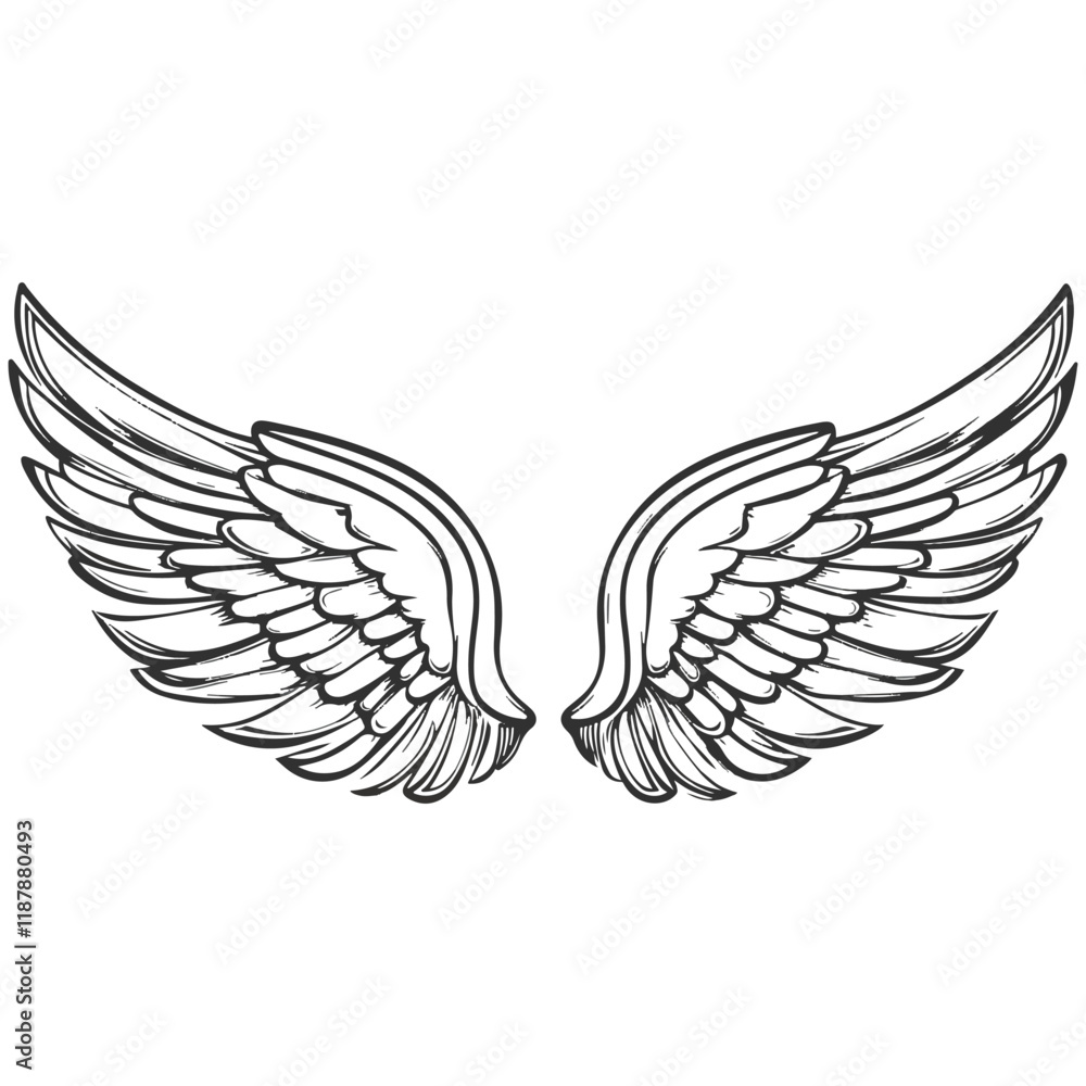 Obraz premium Elegant Angel Wings Clipart: Black and White Outline Design with Memorial and Spiritual Symbolism.