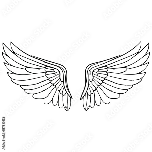 Elegant Angel Wings Clipart: Black and White Outline Design with Memorial and Spiritual Symbolism.