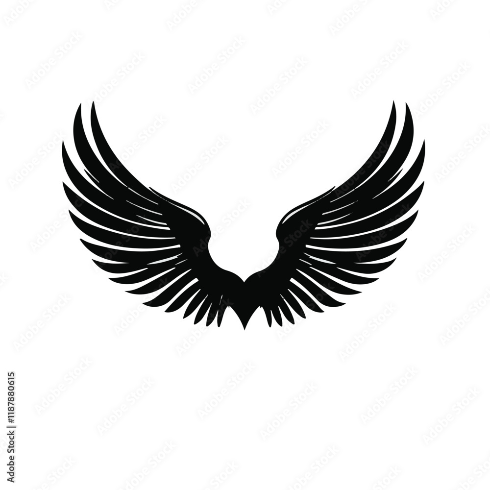 Fototapeta premium Elegant Angel Wings Clipart: Black and White Outline Design with Memorial and Spiritual Symbolism.