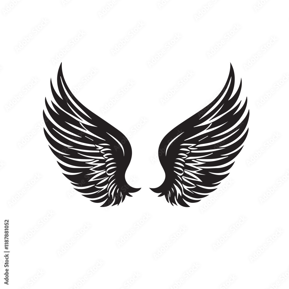 Fototapeta premium Elegant Angel Wings Clipart: Black and White Outline Design with Memorial and Spiritual Symbolism.