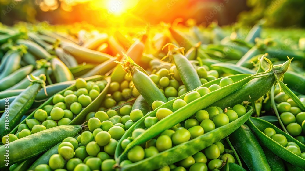 Aerial view: vibrant green pea plants, freshly picked pods bursting from lush foliage. High-resolution image. Aerial view: vibrant green pea plants, freshly picked pods bursting from lush foliage. High-resolution image.