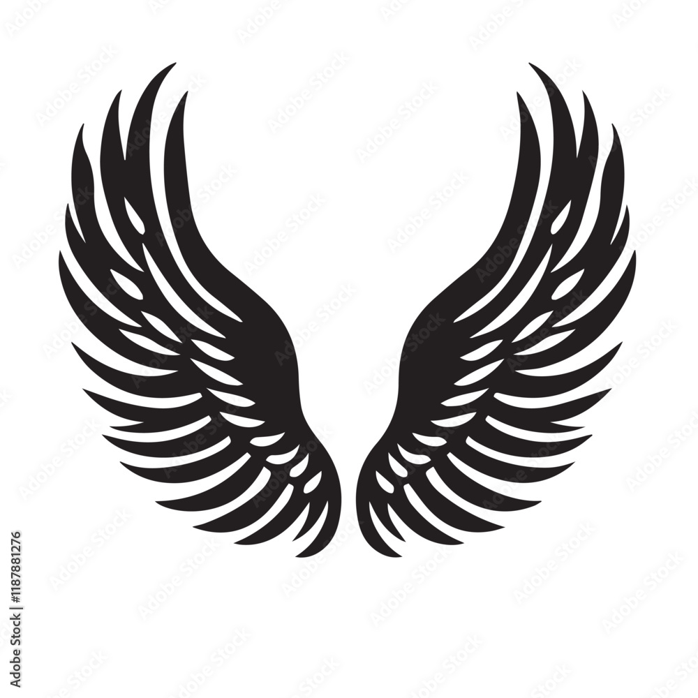 Fototapeta premium Elegant Angel Wings Clipart: Black and White Outline Design with Memorial and Spiritual Symbolism.