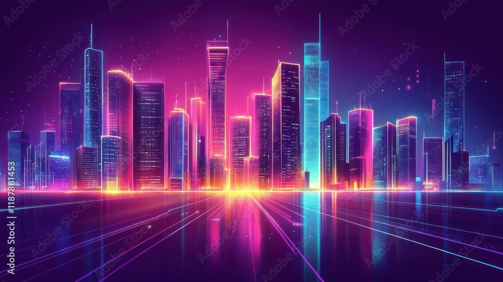 Neon cityscape at night, vibrant glowing skyscrapers reflecting on wet street. Neon cityscape at night, vibrant glowing skyscrapers reflecting on wet street.