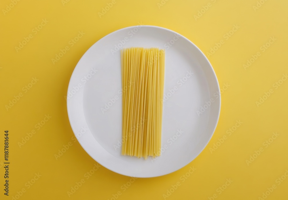 Long strands of uncooked spaghetti pasta neatly arranged in a circular white plate against a vibrant yellow background, ideal for food-related projects and culinary presentations. Long strands of uncooked spaghetti pasta neatly arranged in a circular white plate against a vibrant yellow background, ideal for food-related projects and culinary presentations.